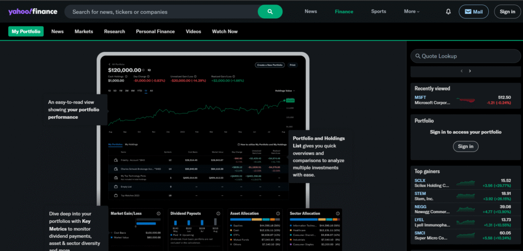 Screenshot of Yahoo Finance homepage with stock market data